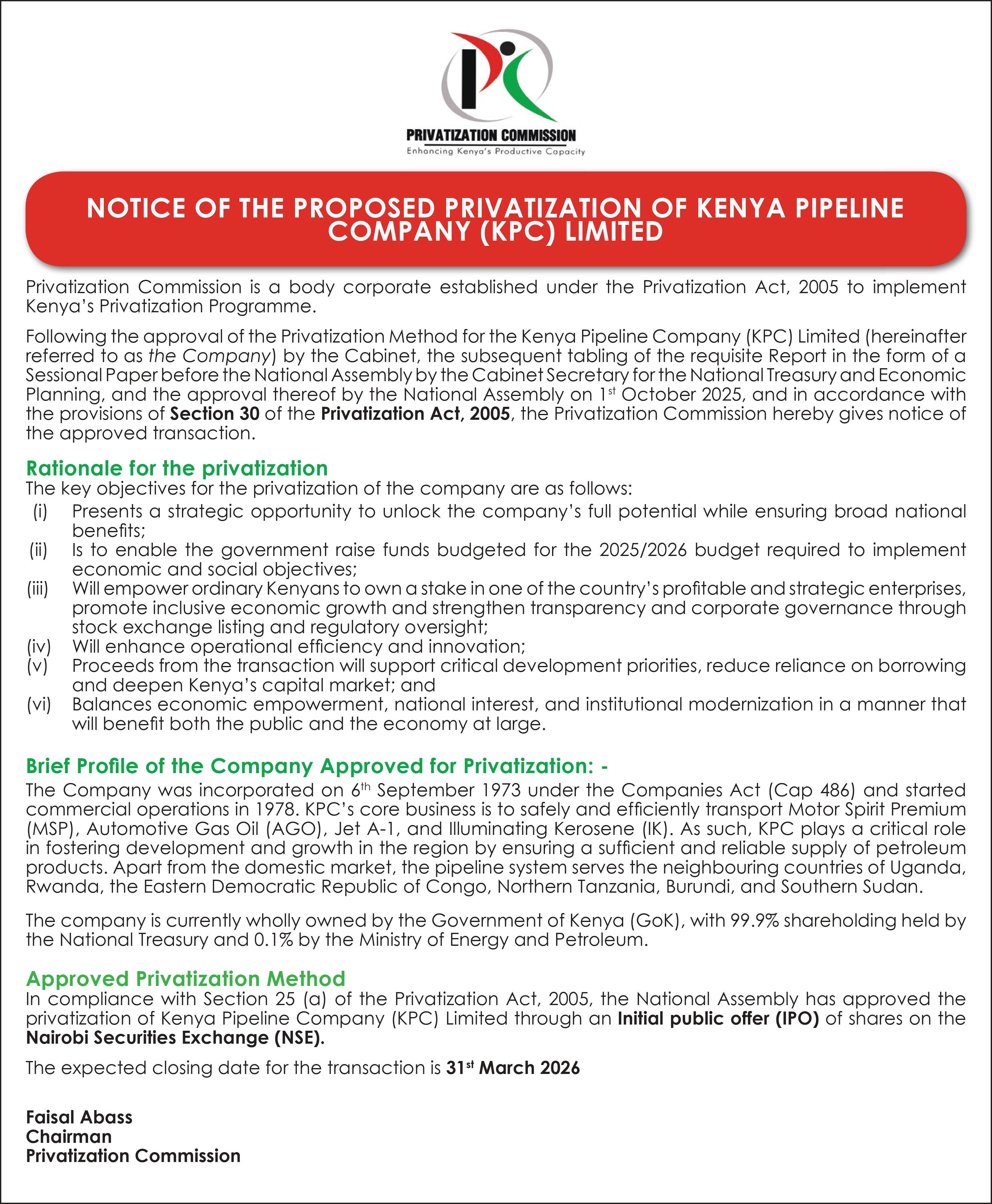 NOTICE OF THE PROPOSED PRIVATIZATION OF KENYA PIPELINE COMPANY (KPC) LIMITED